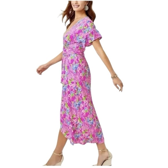 Lilly Pulitzer Anchorage Floral Faux Wrap Flutter Sleeve Midi Dress Women’s XS - Picture 2 of 13